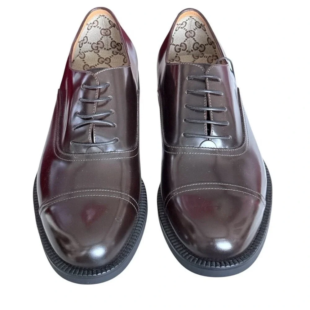 Gucci 812153 Mens Tempe‎ Cap-Toe Dark Brown Leather Oxford Shoes, UK8. US 8.5
